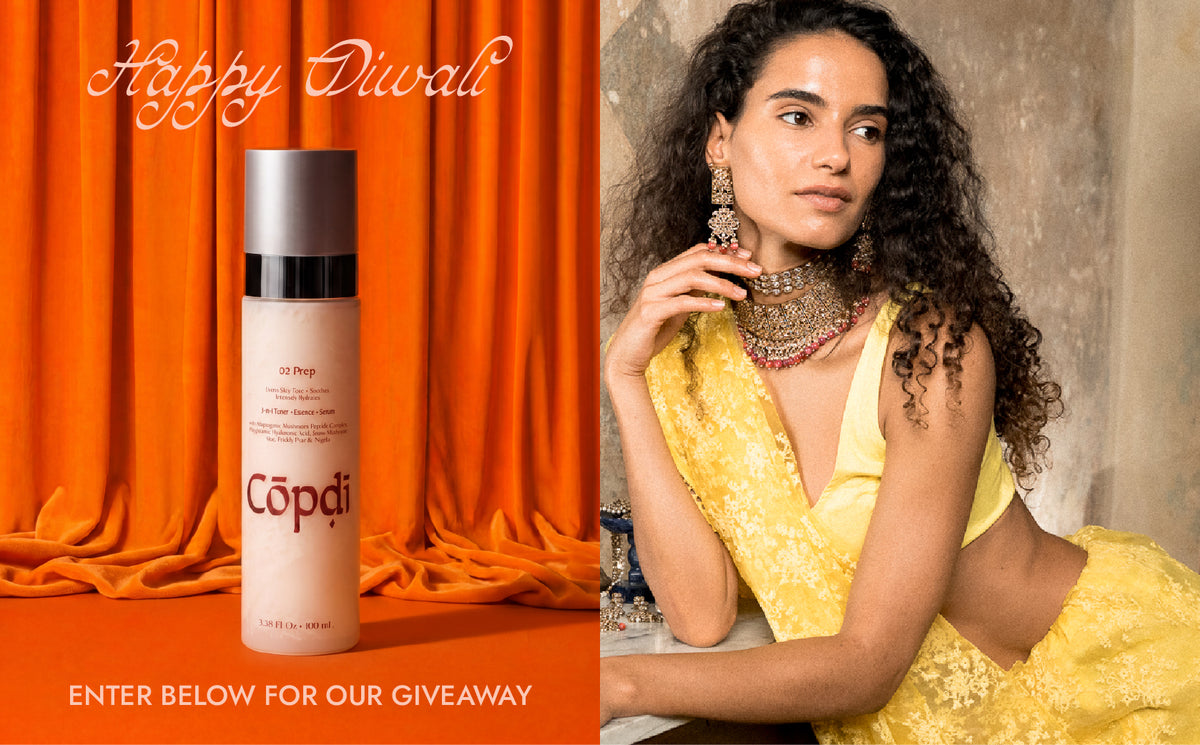 A promotional split image featuring a Copdi beauty's Prep Mist skincare bottle on the left against an orange draped backdrop with 'Happy Diwali' text, and a woman in a yellow dress on the right. The bottom reads 'ENTER BELOW FOR OUR GIVEAWAY'.